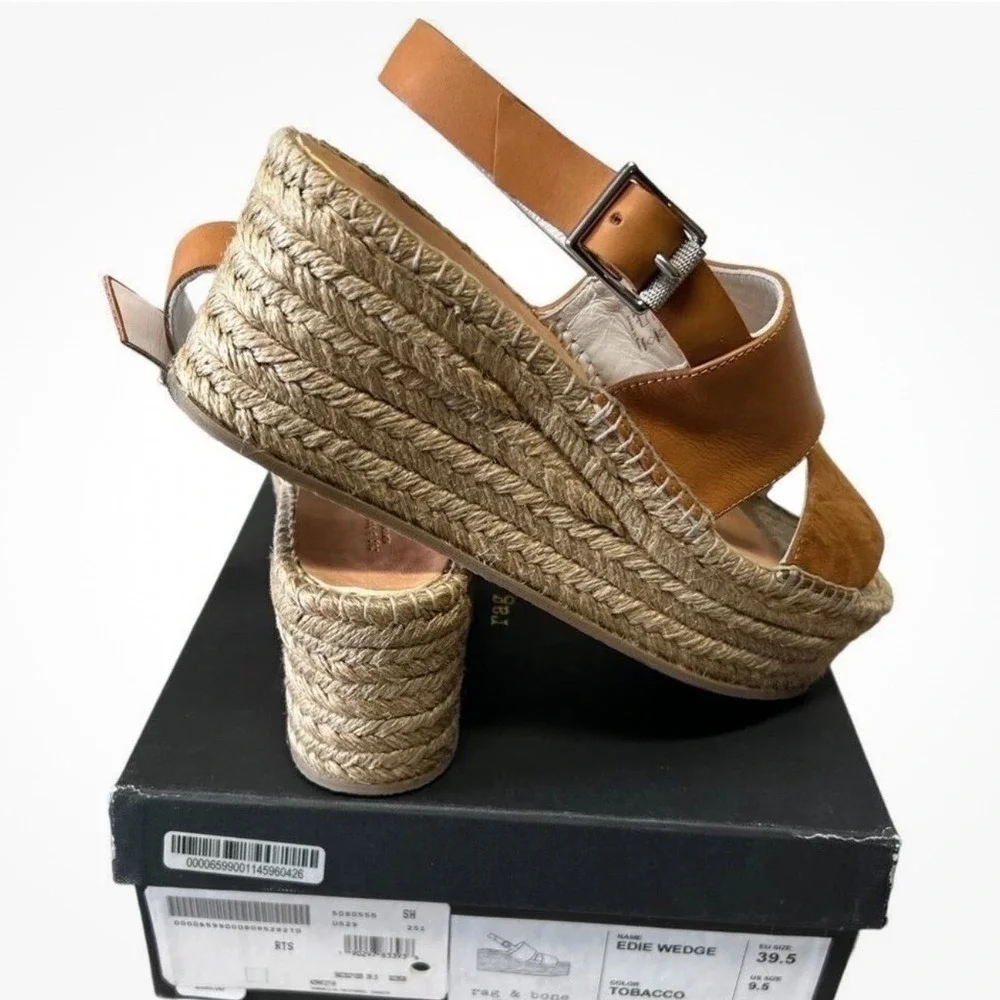 Rag & Bone Edie Wedge Espadrille Sandals Tobacco Leather Suede‎ 39.5 US 9.5